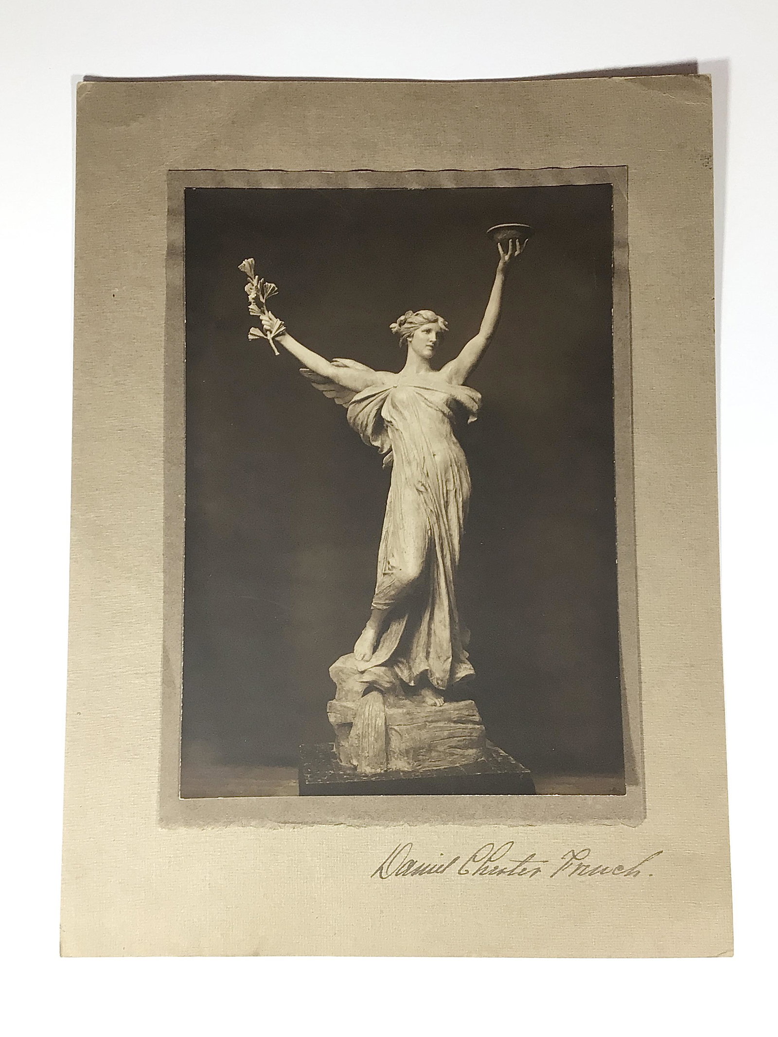 Daniel Chester French Photograph of his SPIRIT OF LIFE: Signed Daniel Chester French photograph of his SPIRIT OF LIFE sculpture in Saratoga Springs, NY. American sculptor (1850 to 1931) best known for his monumental historical works, including the sculptur