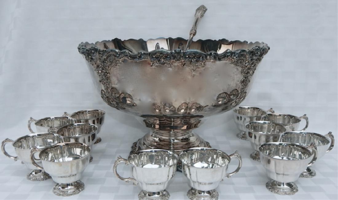 Wallace Baroque Punchbowl, Ladle & 12 Cups: Marked. Punchbowl measures 10" x 14 1/2" and cups 3" x 4 1/2" to handle.
