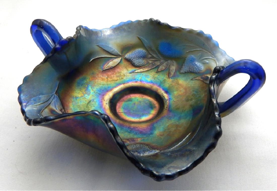Vintage Iridescent Double Handle Carnival Glass Bo: Strawberry and leaves pattern. Measures 2 1/2" x 6 1/2".