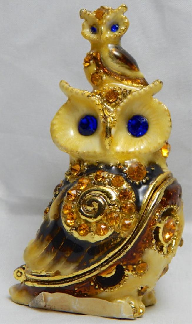 Jeweled Enamel Owl Trinket Box: Decorated with brown and blue crystals, orange interior and magnetic closure. Measures 3".