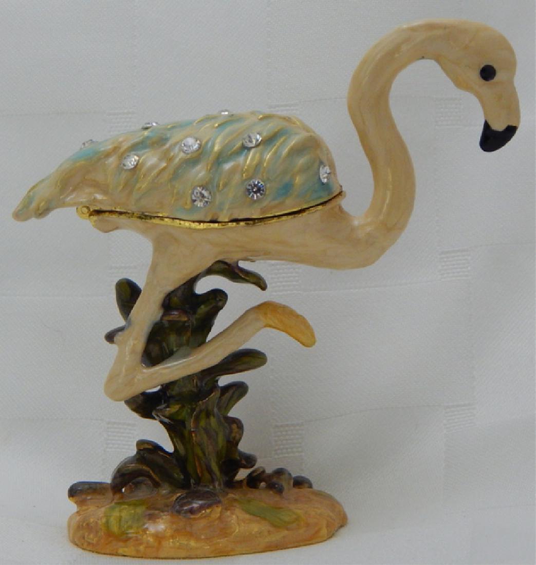 Jeweled Enamel Flamingo Trinket Box: Decorated with crystals, orange interior and magnetic closure. Measures 3 1/2".