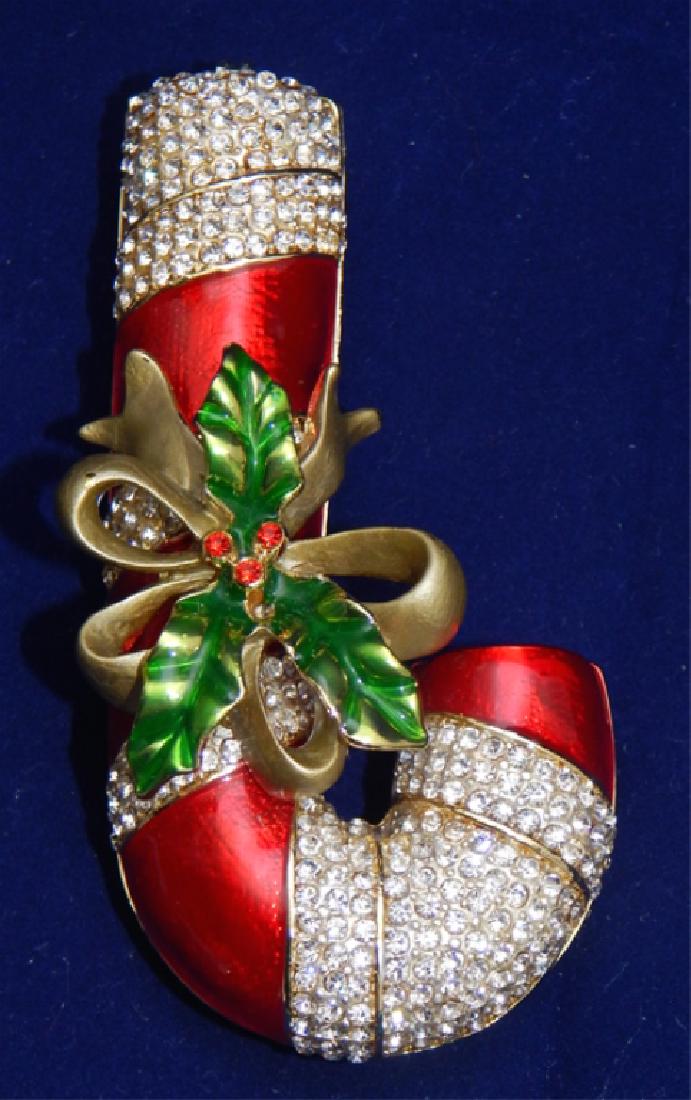 Jeweled Enamel Candy Cane Trinket Box: Colorfully decorated with crystals hinged lid with magnetic closure and enamel interior. Measures 4".