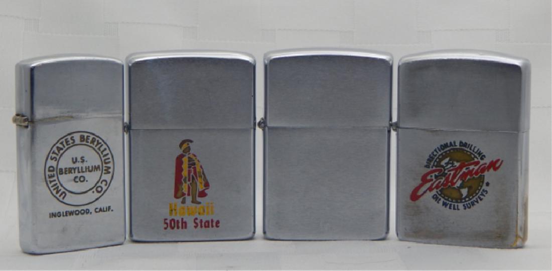 4 Vintage Zippo Lighters: Hawaii 50th State, Eastman Directional Drilling Oil Well Surveys, US Beryllium Co., Inglewood, Calif. and one unmarked. All in good shape.