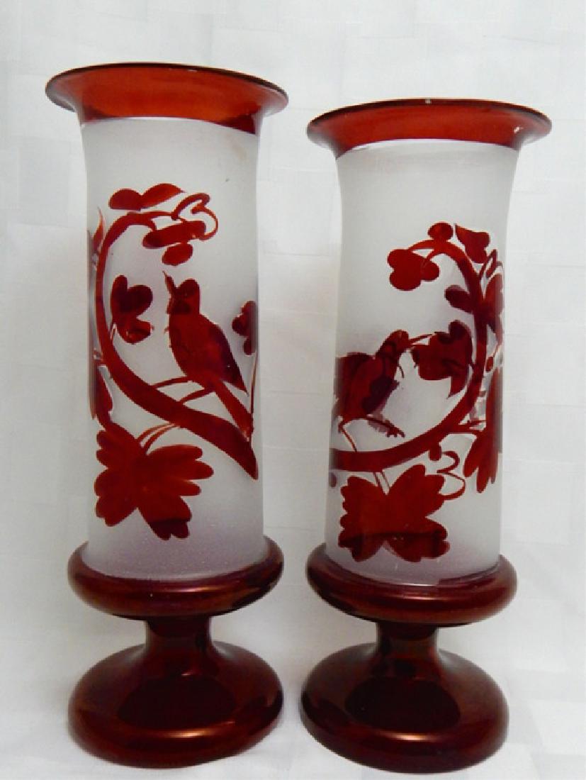 Vintage Pair of Bohemian Etched Ruby Glass Vases (1 of 3)