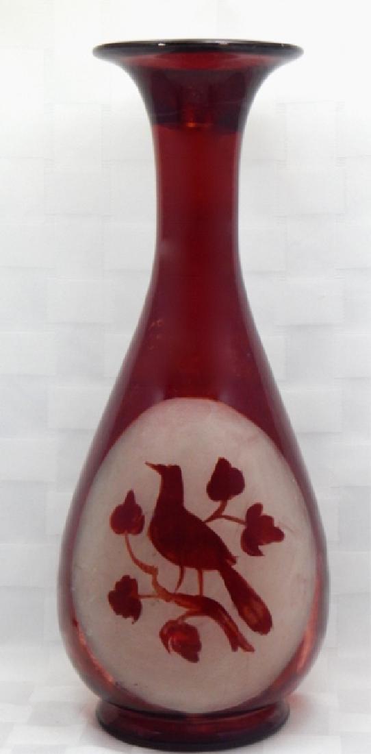 Vintage Bohemian Etched Ruby Glass Vase (1 of 2)