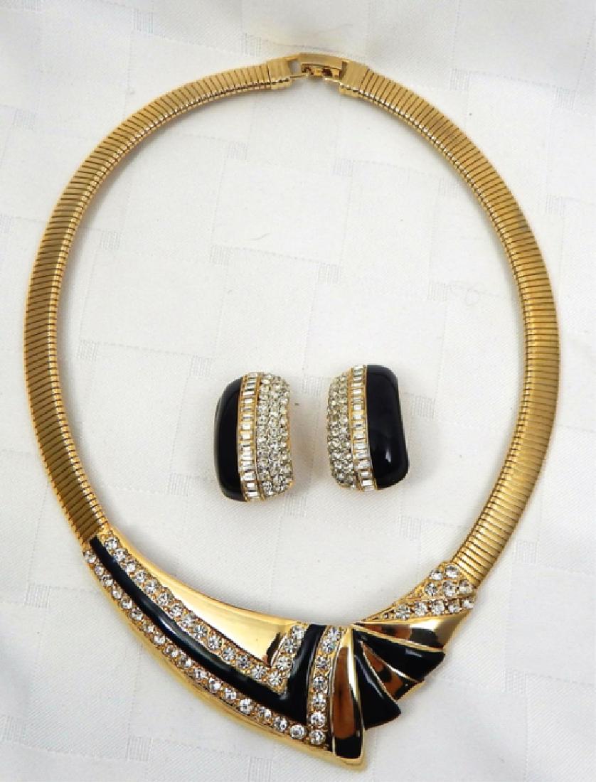 Vintage Sarah Coventry Earrings & Necklace Set: Fine quality black enamel stripes with rhinestones on gold tone choker necklace measures 7 3/4" and matching earrings 1 1/4". All 3 pieces signed "Sarah Cov".