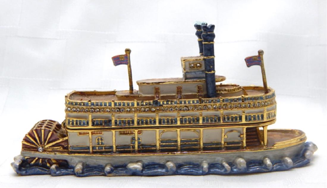 Jeweled Enamel Paddle Boat Trinket Box: Colorful enamel with gold trim and crystal accents, has hinged lid with magnetic closure. Measures 2" x 5".