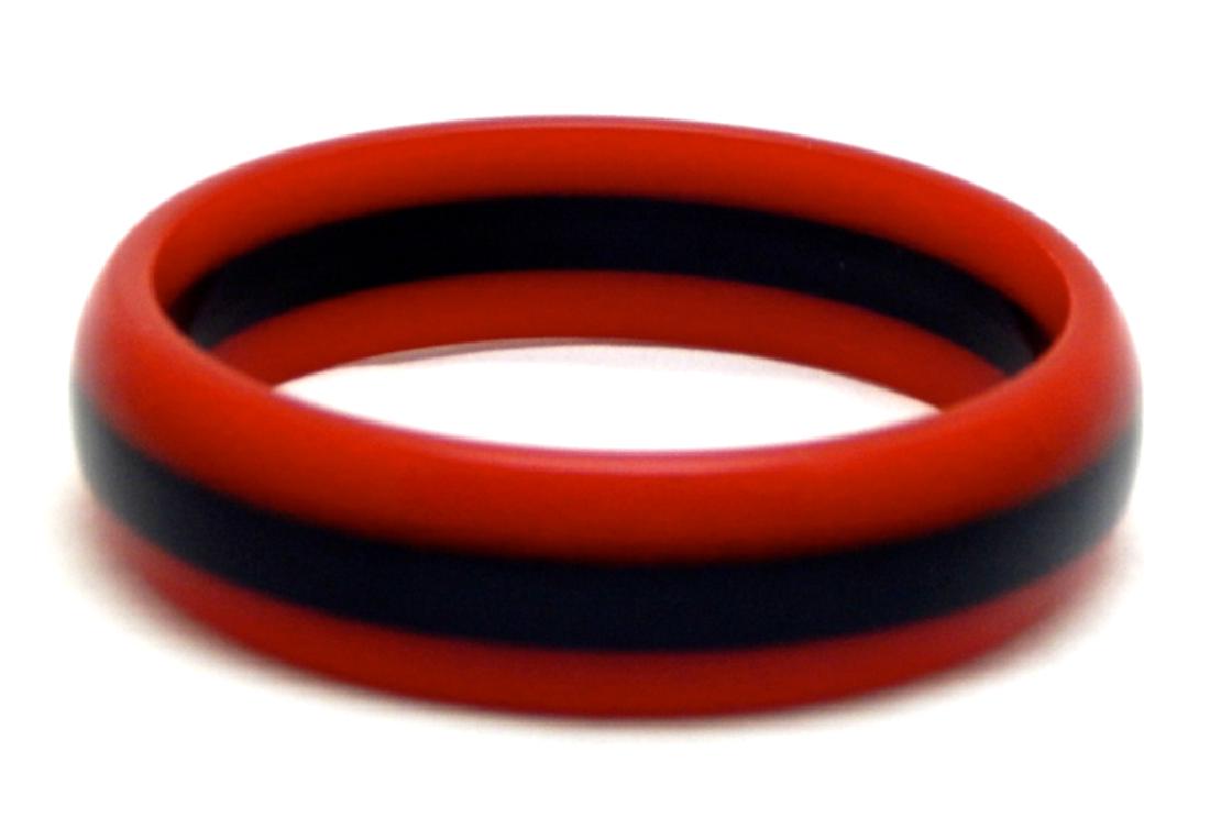 Rare Red & Black Bakelite Bangle, c1930s: Beautiful red and black Bakelite bangle in great stripe pattern. Measures 3". Bakelite was tested. Estimate $100 - $150 Starting Bid $40