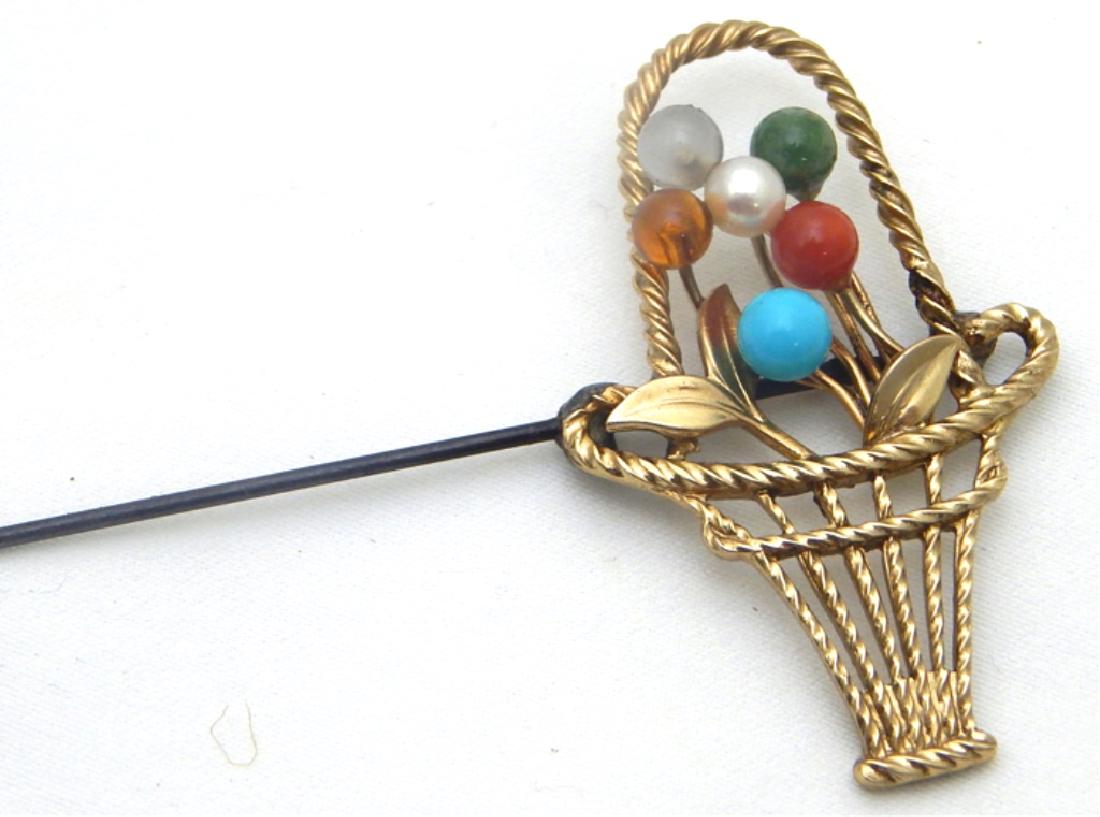 Victorian 10k GF Basket of Flowers Hat Pin, c1920s (1 of 2)