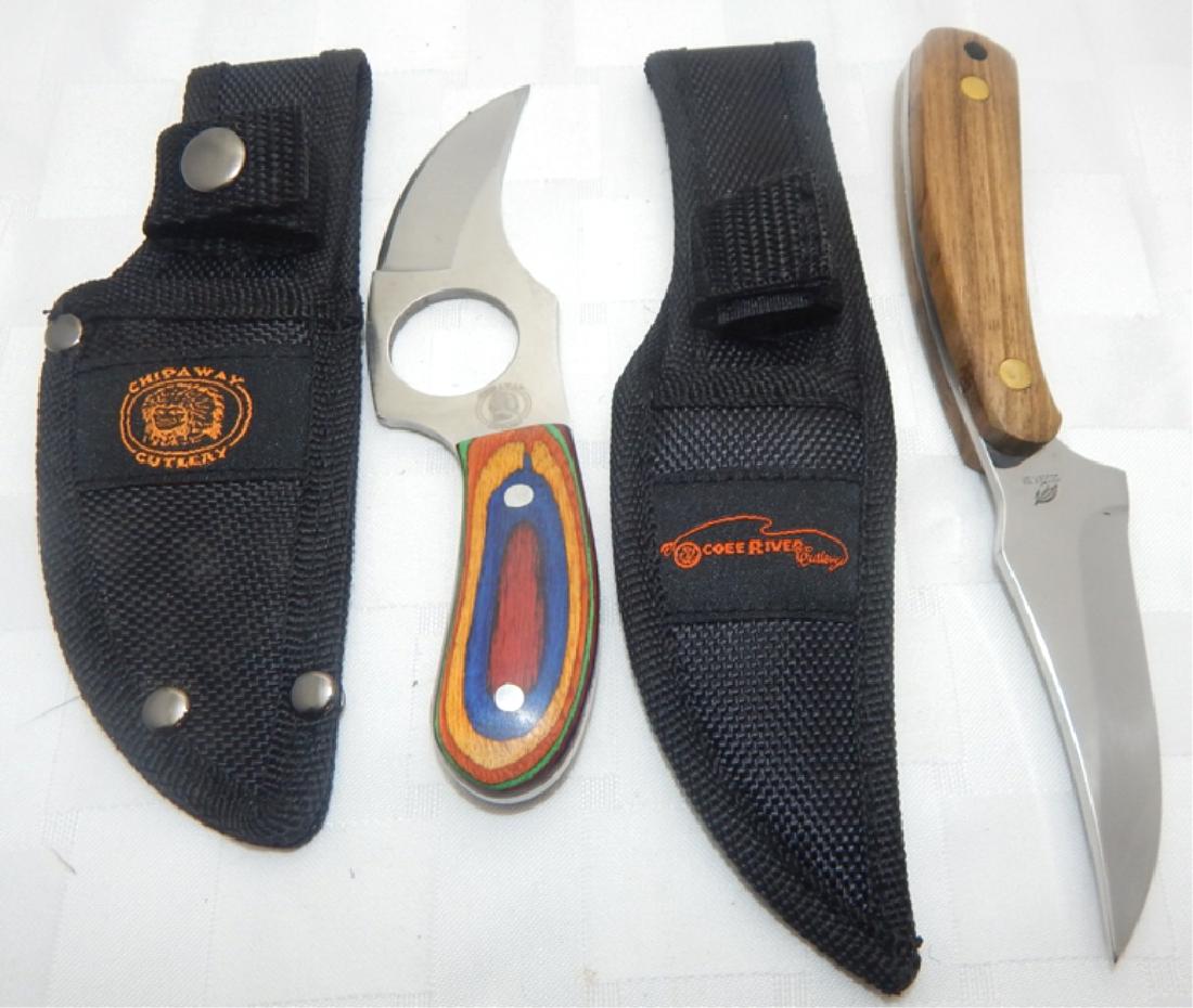 Chipaway Cutlery & Ocoee River Cutlery Knives: Chipaway Cutlery skinning knife, full tang stainless steel blade, multi-color wood handle with weatherproof sheath and a Ocoee River Cutlery skinning knife, full tang stainless steel blade with wood h