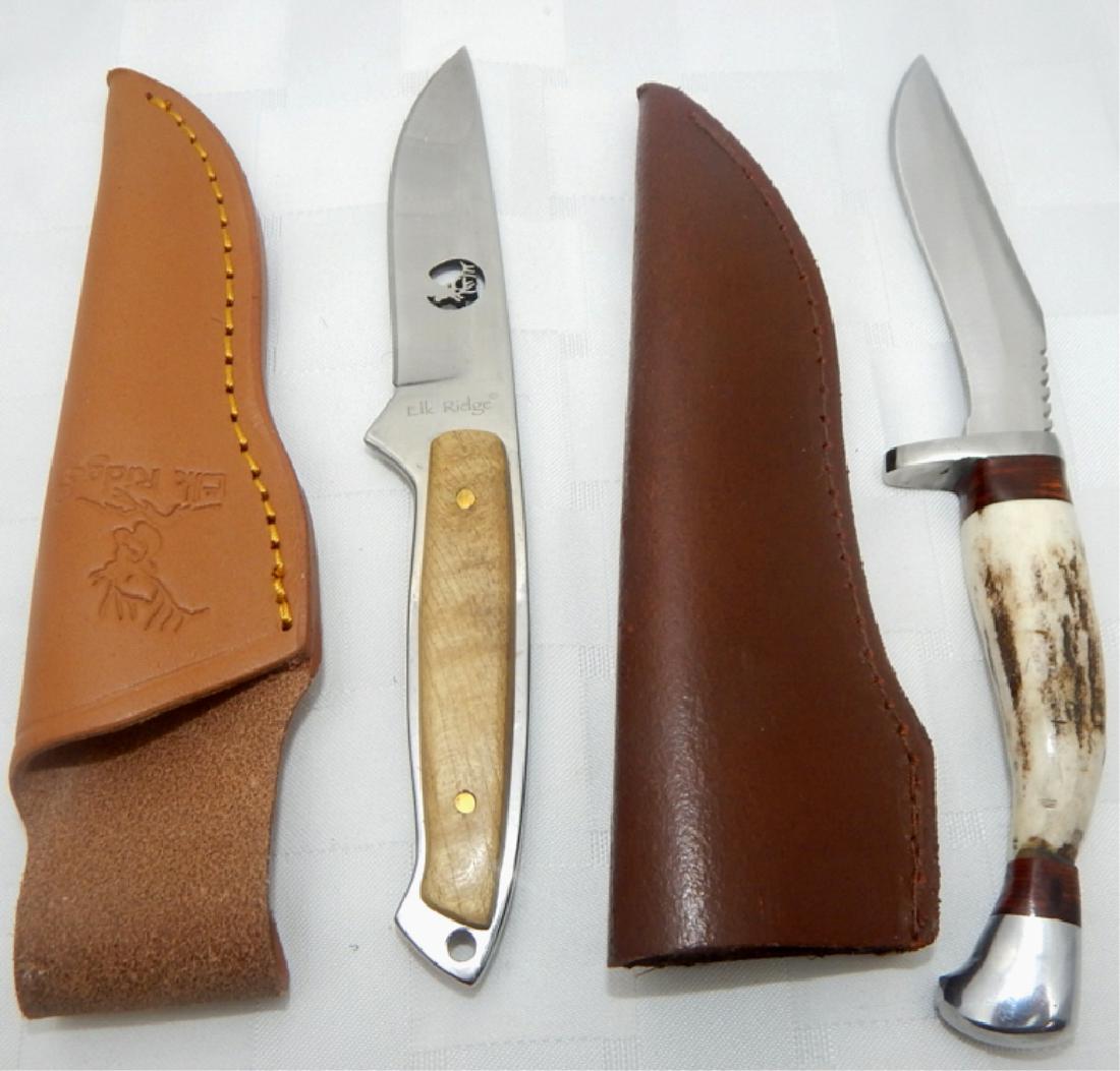 Pakistan Boot Knife & Elk Ridge Hunting Knife: Boot knife with stainless steel blade, bone handle with stainless steel end, made in Pakistan with leather sheath measuring 8" x 2" in sheath, also Elk Ridge hunting knife, full tang stainless steel b