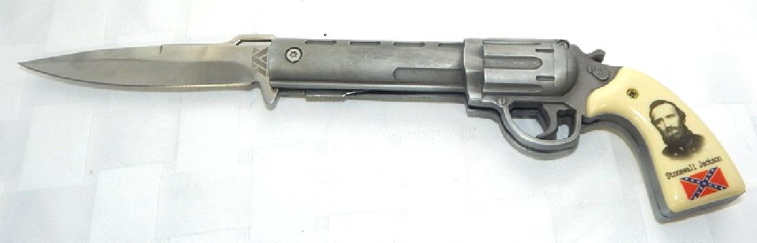Stonewall Jackson Folding Gun Knife: Spring assisted folding gun knife with stainless steel blade. Measures 10 1/2" x 3" open. Estimate $20 - $30 Starting Bid $10
