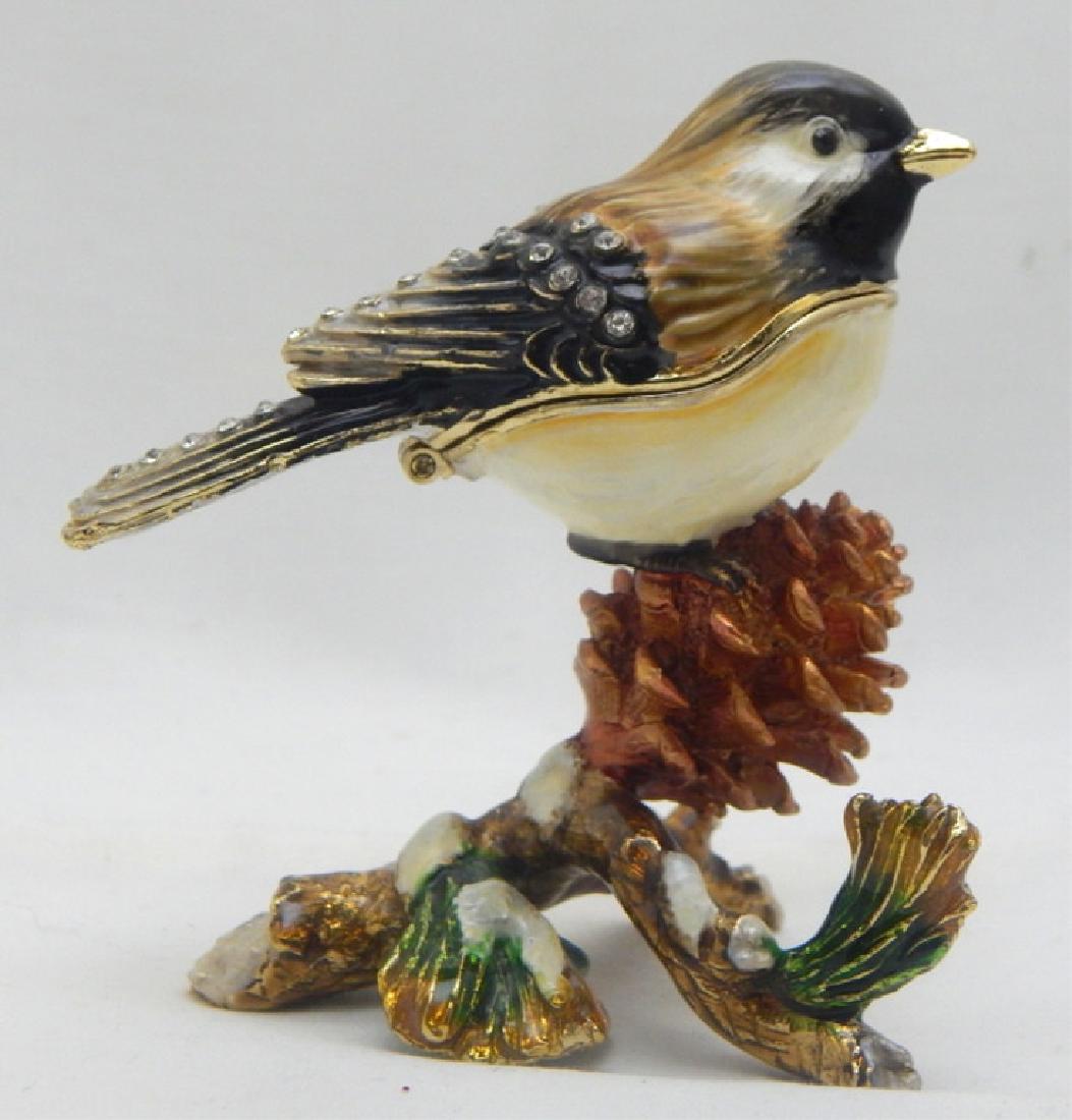 Jeweled Enamel Bird Trinket Box: Decorated with crystals, hinged lid with magnetic closure and enamel interior. Measures 3 1/4" x 3". Estimate $30 - $50 Starting Bid $10