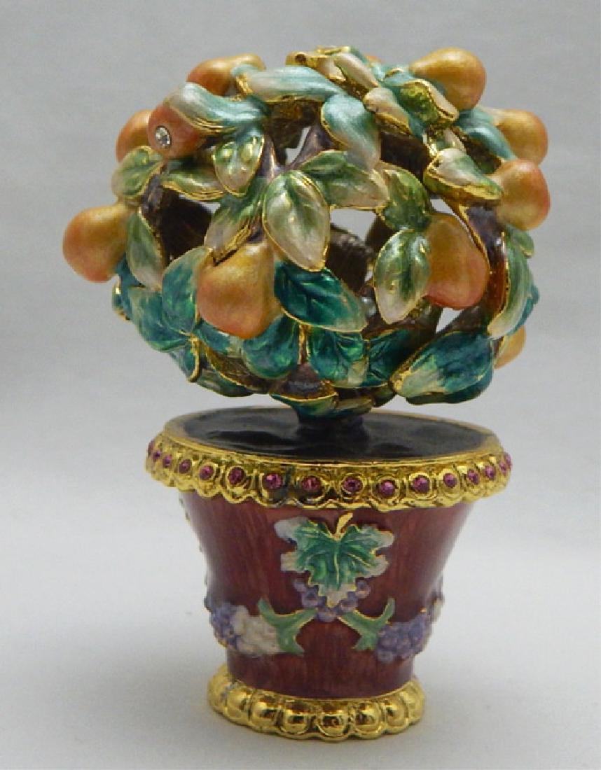 Jeweled Enamel Fruit Tree in Pot Trinket Box: Multi-colored Crystals on colorful enamel with enamel interior, hinged lid and magnetic closure. Measures 3". Estimate $20 - $30 Starting Bid $10
