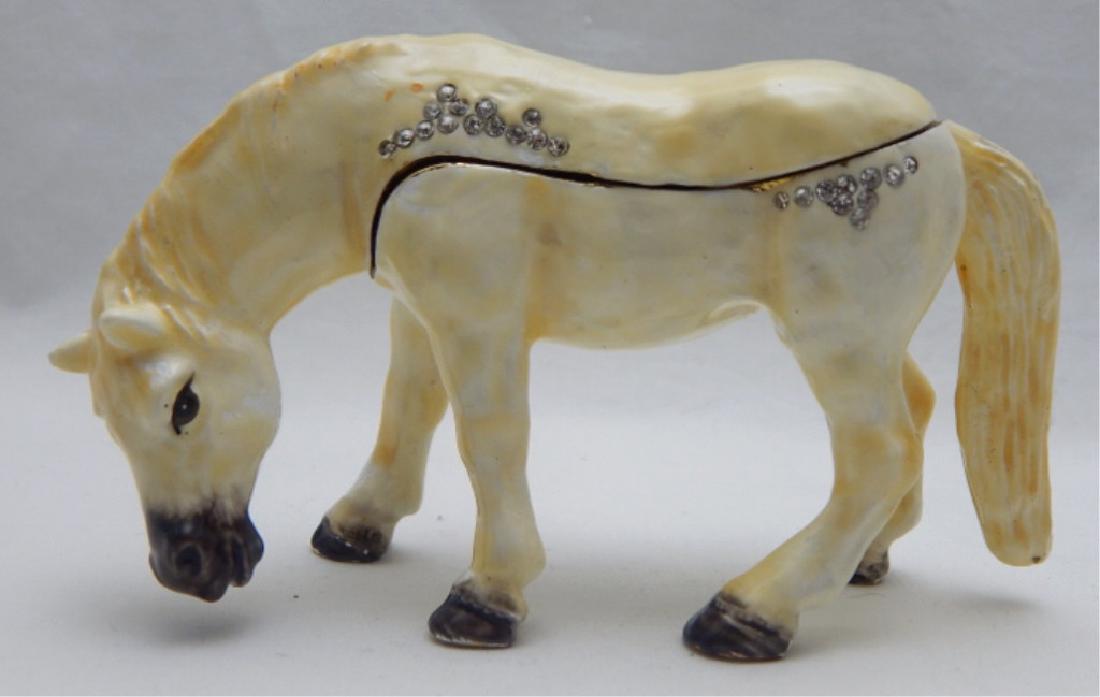 Jeweled Enamel Horse Trinket Box: Crystals on colorful enamel with enamel interior, hinged lid and magnetic closure. Measures 3" x 4 1/2". Estimate $20 - $30 Starting Bid $10