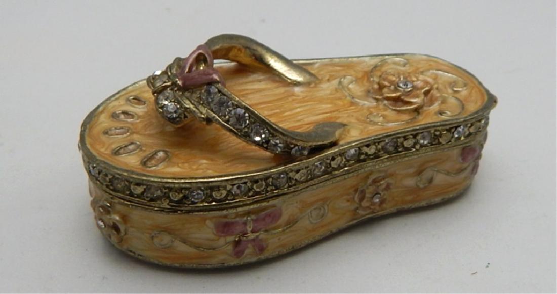 Jeweled Enamel Sandal Trinket Box: Multi-colored Crystals on colorful enamel with enamel interior, hinged lid and magnetic closure. Measures 2 1/2" x 1 1/2". Estimate $20 - $30 Starting Bid $10