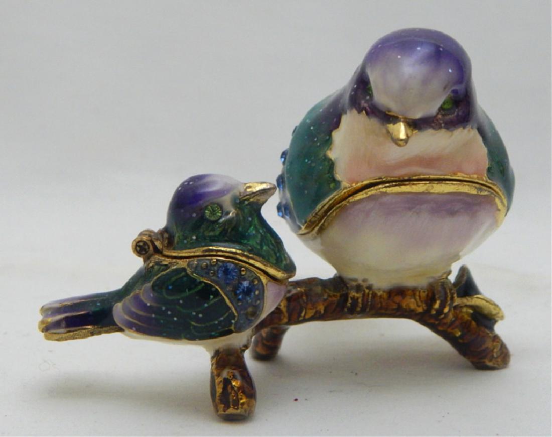 Jeweled Enamel Two Birds Trinket Box: Decorated with crystals, hinged lid with magnetic closure and enamel interior. Measures 2 1/4" x 3". Estimate $30 - $50 Starting Bid $10
