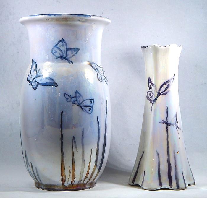 German Luster Vase & Bavaria Luster Hat Pin Holder: Butterfly design on luster porcelain. Vase marked "Germany" and measures 6". Hat pin holder marked "Bavaria" and measures 5". Estimate $100 - $200 Starting Bid $20