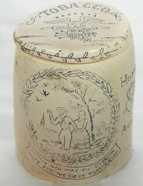 Scrimshaw Tobacco Jar: Depicting various figural scenes, buildings, ships, etc. Measures 4" x 2 1/2". Estimate $40 - $80 Starting Bid $10