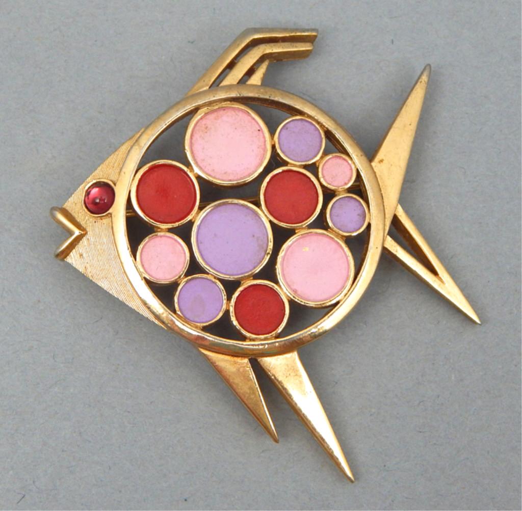 Vintage Trifari Enamel Fish Brooch: Pink, lavender and red. Signed. Measures 2" x 2". Estimate $30 - $60 Starting Bid $10