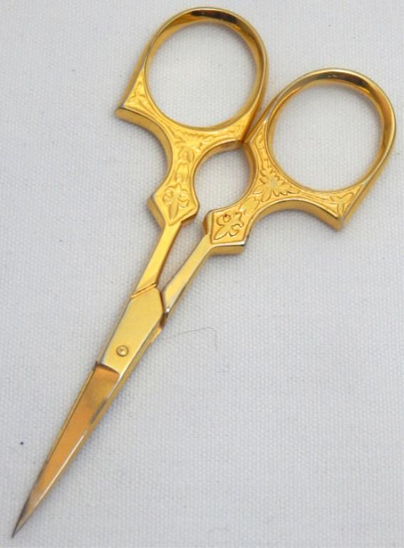French Tres Claveles 3.5" Embroidery Scissors: High quality in gold finish. Sharp blades. Made in France. Marked. Estimate $25 - $50 Starting Bid $10