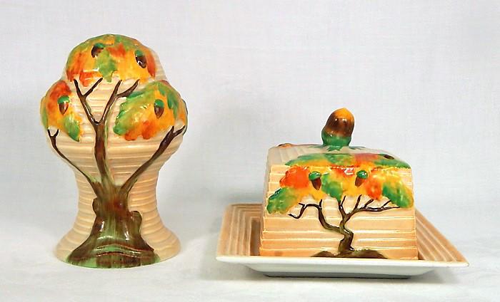 Carlton Ware "Day Oak" Pottery Lg. Shaker & Dish: Day Oak Tree pattern large shaker 5" x 3" and covered cheese dish 3 1/2" x 5" x 5". Made in England, c1930s. Makers mark and incised number. Estimate $100 - $150 Starting Bid $20