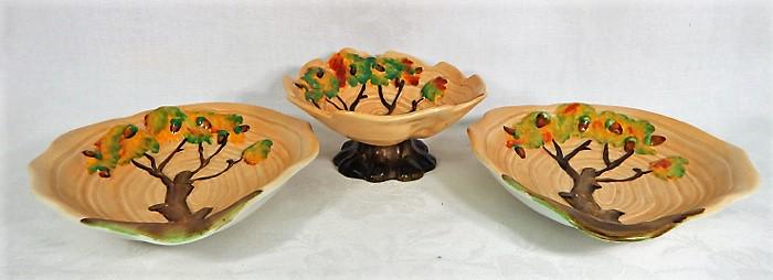 Carlton Ware "Day Oak" Pottery Small Serving Bowls: Day Oak Tree pattern set of 3 candy or condiment dishes. Made in England, c1930s. Makers mark and incised number. Measures (2) 6 1/2" x 5 1/2" and (1) 5 1/2" x 5".. Estimate $100 - $150 Starting Bid $
