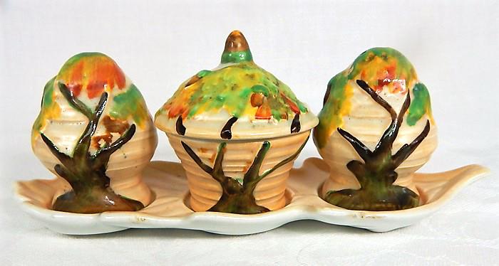Carlton Ware "Day Oak" Pottery Mini Condiment Set: Day Oak Tree pattern Miniature salt, pepper and covered condiment. Made in England, c1930s. Makers mark and incised number. Measures 2 1/2" x 7". Estimate $100 - $150 Starting Bid $20