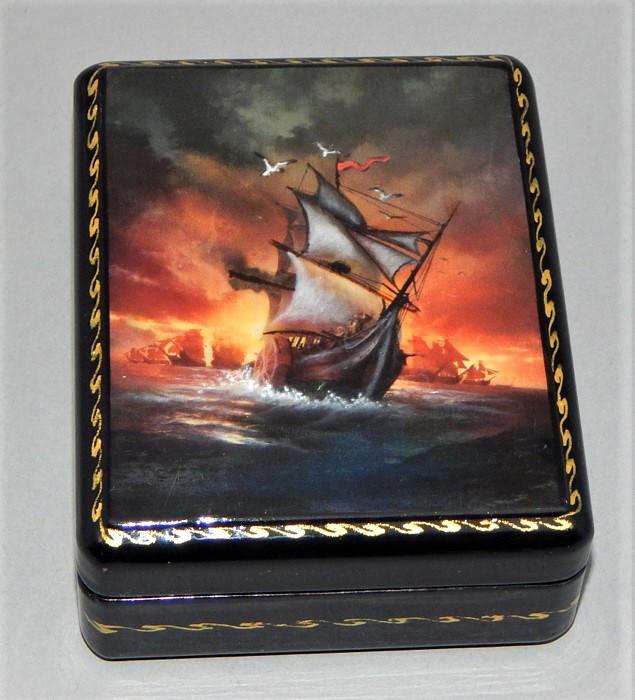 Vintage Russian Lacquer Box: Very detailed hand painted sailing ship. Great condition. Measures 4" x 3". Estimate $100 - $300 Starting Bid $20