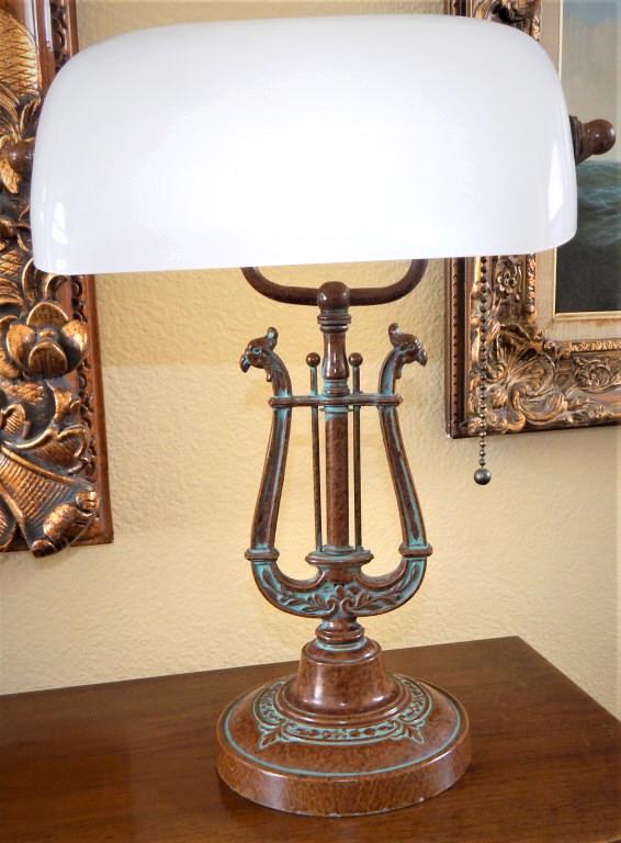 Bronze Piano Lamp with Glass Shade: Measures 15" x 11". Estimate $100 - $200 Starting Bid $30