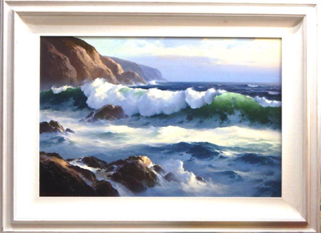 Earl Daniels (1920-1999) "Breaker" Oil on Canvas: Signed on lower right of painting and signed and titled on back. Canvas measures 24" x 36" and 35" x 47" with frame. Estimate $200 - $400 Starting Bid $50