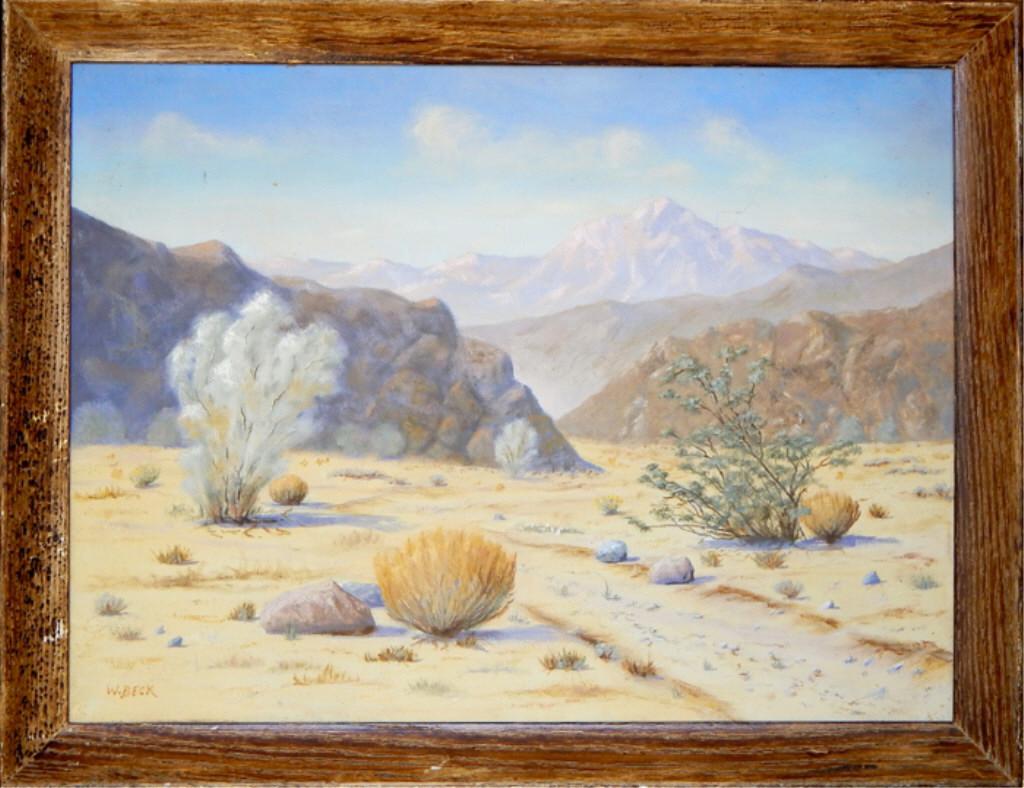 Signed W. Beck Desert Scene Oil on Canvas Painting: Canvas measures 18" x 24" and 21" x 27" with frame. Estimate $200 - $400 Starting Bid $50