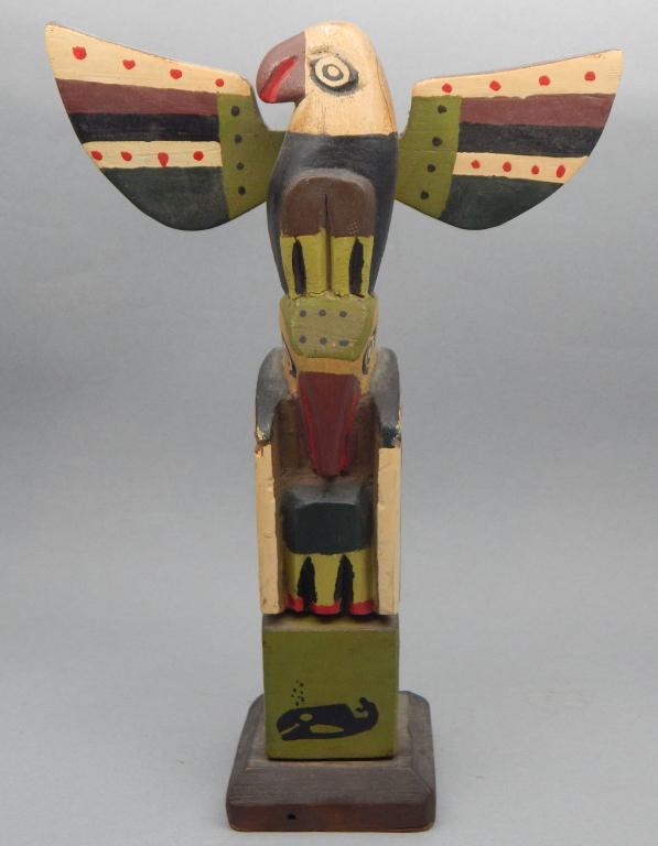 Native American Painted Wood Eagle Totem Pole: Faint signature. Measures 9". Estimate $40 - $70 Starting Bid $10