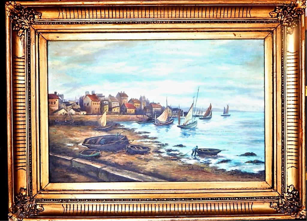 John Singer Sargent (1856-1925) Oil on Canvas: Seaside village scene with boats and houses in the background. Signed. Canvas measures 16" x 24" and 23" x 31" with frame. Estimate $200 - $400 Starting Bid $50