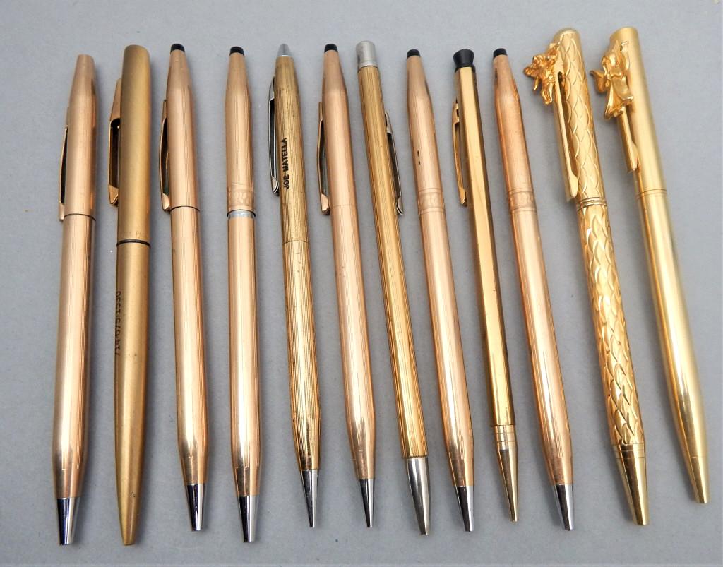 12 Vintage Gold Filled Mechanical Pencils & Pens: Mostly Cross with a few odd balls. Good condition. Estimate $100 - $150 Starting Bid $10