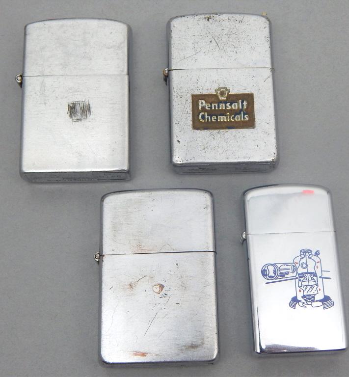 Group of 4 Advertising Lighters: Zippo, Barlow, Zippo and Winner. Estimate $50 - $100 Starting Bid $10