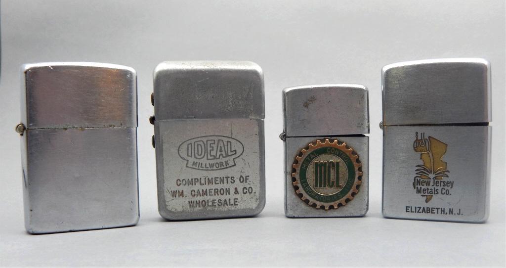 Group of 4 Advertising Lighters: Zippo, Wellington Junior, Zippo and unmarked. Estimate $50 - $100 Starting Bid $10