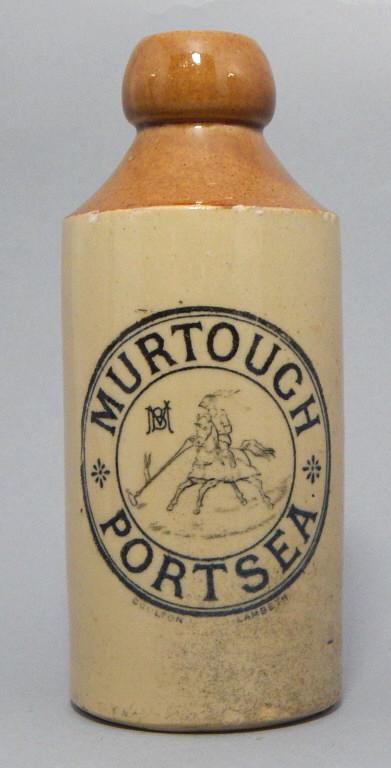 Old Doulton Lambeth Stoneware Beer Bottle: "Murtouch Portsea" by Diane Alexander Collection with incised Doulton Lambeth mark. Measures 7". Good condition. Estimate $50 - $100 Starting Bid $20