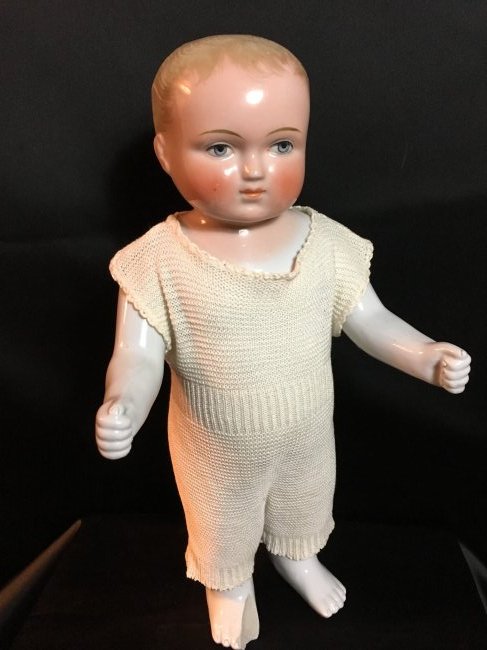 Antique German Frozen Charlie ~ 13" ~: Amazing antique German frozen Charlie. Dates to the 1800's. Glazed porcelain with painted blue eyes and rosy red cheeks. Tan colored hair. A few black specks in the glaze, one on right cheek, tiny whi