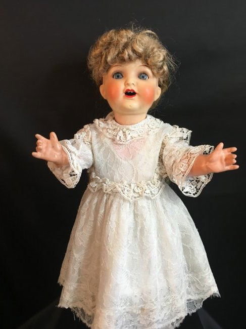 20 1/2" Antique German Character Baby: 20 1/2" antique Heubach Koppelsdorf/342.2 character baby. Big happy smile, rosy cheeks, open mouth with two teeth, big blue sleep eyes. No damages to bisque. Replaced vintage wig. Original composition