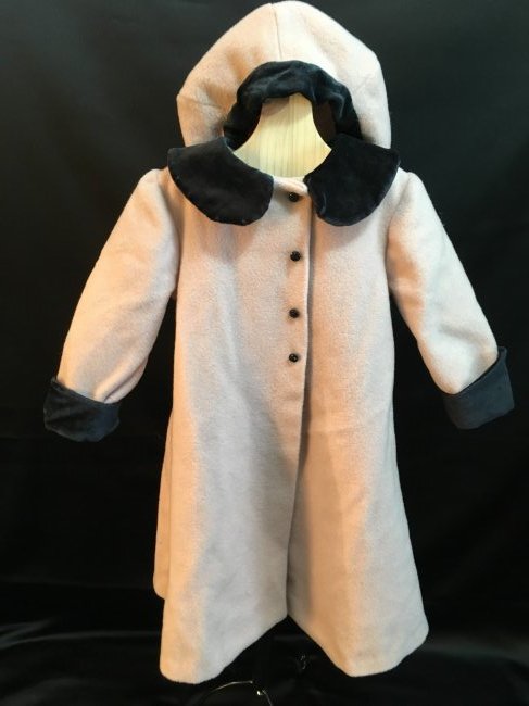 Adorable Wool Coat and Tam Set: Pretty pink wool coat with black velour trim. Excellent condition. Measures 18" long, 9" across chest, sleeve length of 9". Pleated back. Tam inside measure is 12 1/2". Ships from Canada.