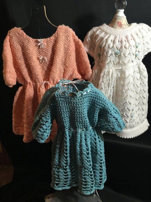 Lot of 3 Vintage Hand Knit/Crocheted Doll Dresses (1 of 6)