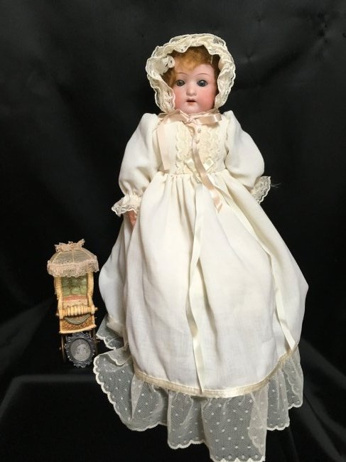 Antique Bisque Heubach Shoulder Head Hair Stuffed Body: 16" antique Heubach Koppelsdorf bisque shoulder head incised GERMANY/275 9/0. Blue set eyes, open mouth with teeth. Auburn mohair wig. No hairlines or damages to bisque. Original hair stuffed pink clo