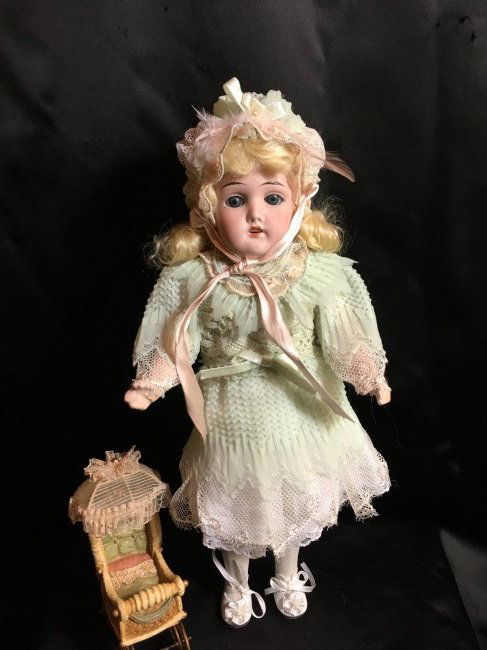 13" Antique Bisque Head Doll ~ Gebruder Kuhnlenz~: Nice antique bisque head doll attributed to Gebruder Kuhnlenz. 13" tall, blue set eyes, open mouth with teeth. No hairlines or damages to bisque head, incised 20.5/Gbr.165/6/0/K/Germany. Vintage blond