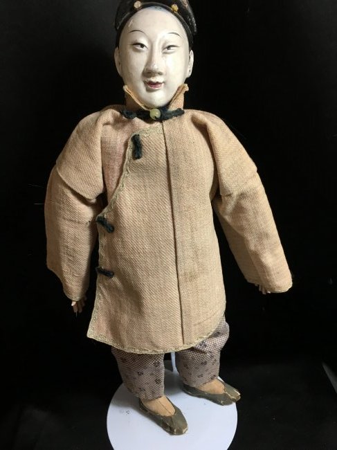Rare 1850's Original Oriental Opera Doll ~ 13": Rare and Unique Oriental doll,13" tall. Head, ears and hat are carved of a hard substance similar to marble. Painted eyes and superb expression. Long black hair queue down his back. Beautiful long car