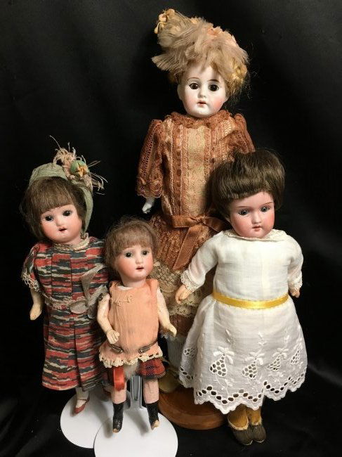 Lot of 4 German Antique Bisque Head Dolls: 4 sweet antique bisque head dolls made in Germany. 13" bisque shoulderhead incised VICTORIA/171/12/0. Brown sleep eyes, open mouth with tiny teeth, one is broken. Replaced auburn wig braided into pig