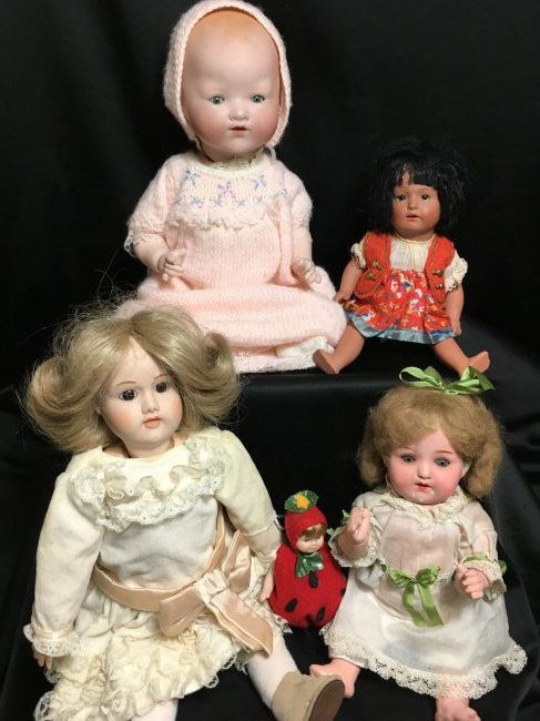 4 Antique Dolls 1 All Bisq/Char Baby/Dream Baby Etc.: Lot of 4 antique dolls,a wonderful 8 1/2" brown all bisque Heubach Koppelsdorf incised HEUBACH KOPPELSDORF/458/10/0/GERMANY. Painted bisque head with brown set eyes, open mouth with two upper teeth. J