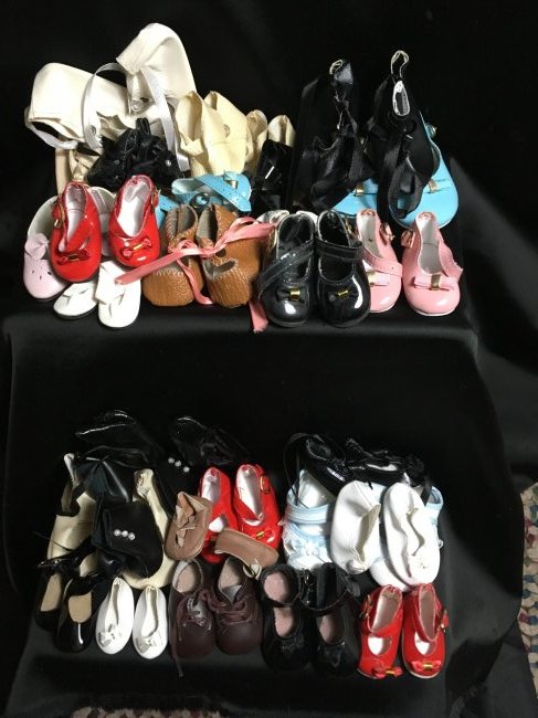 Lot of 30 Vintage Doll Shoes Many Are New: Great lot of vintage doll shoes. Various colors, sizes and styles. Most are in new condition. 30 pairs in all. Largest pair measures 4" long x 1 3/4" and the smallest measures 1 3/4" x 1". Some may ha