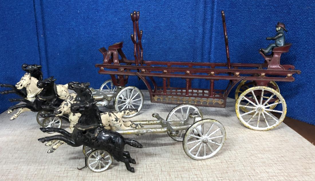 Lot of Antique Cast Iron Horse Drawn Fire Engine and (1 of 1)