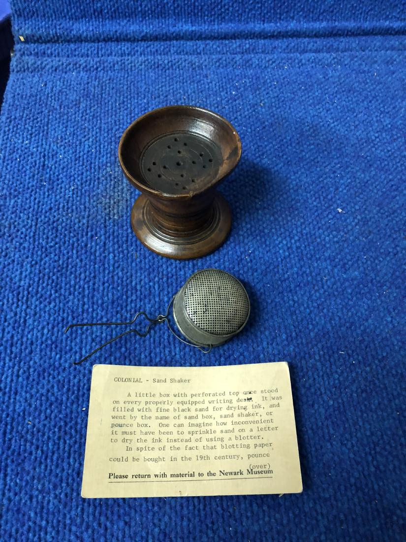 Antique Sand Shaker and Filter: Sand shaker and filter showing signs of repair 3" L
